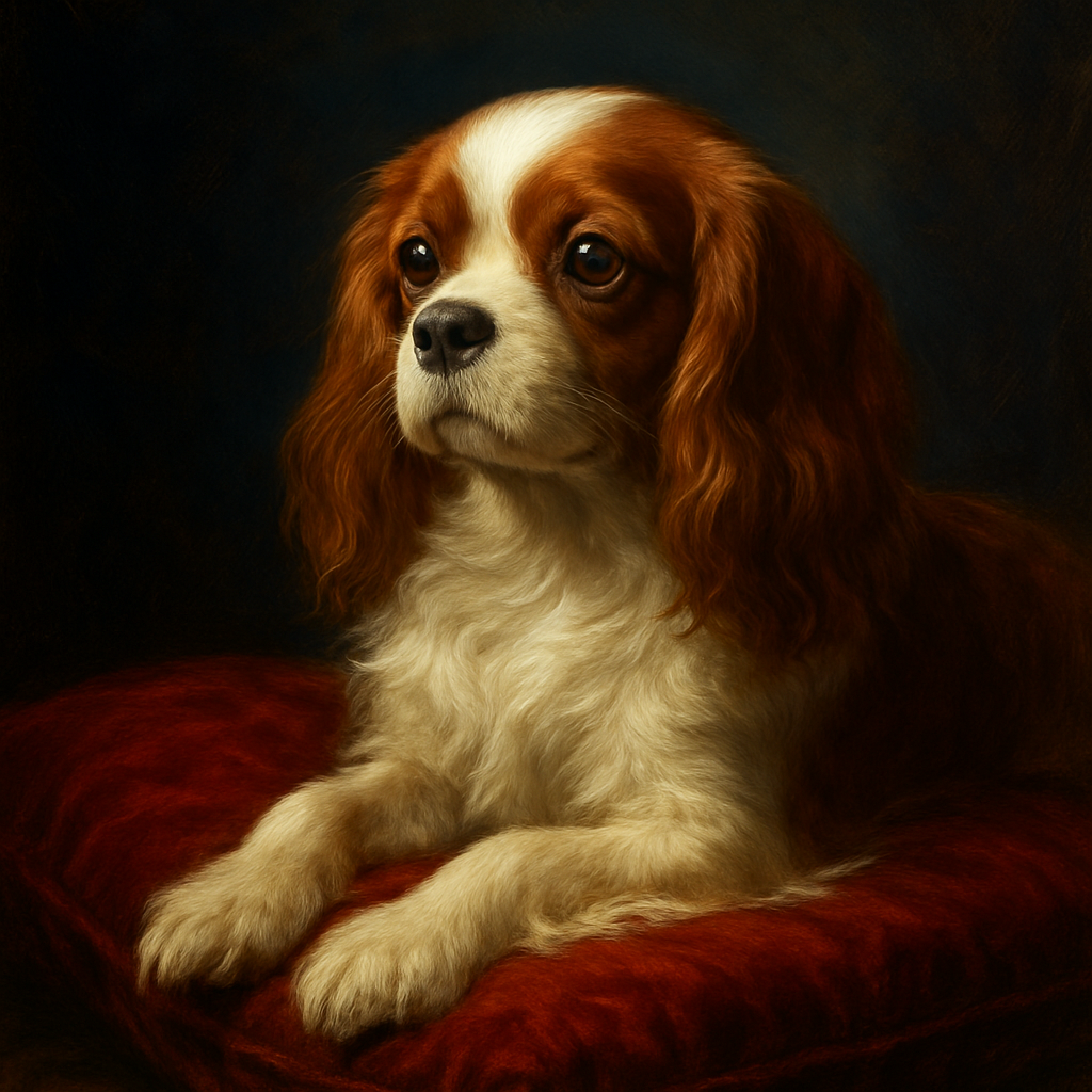 Cavalier King Charles Spaniel on Velvet Cushion Fine Art Oil Painting - View 1