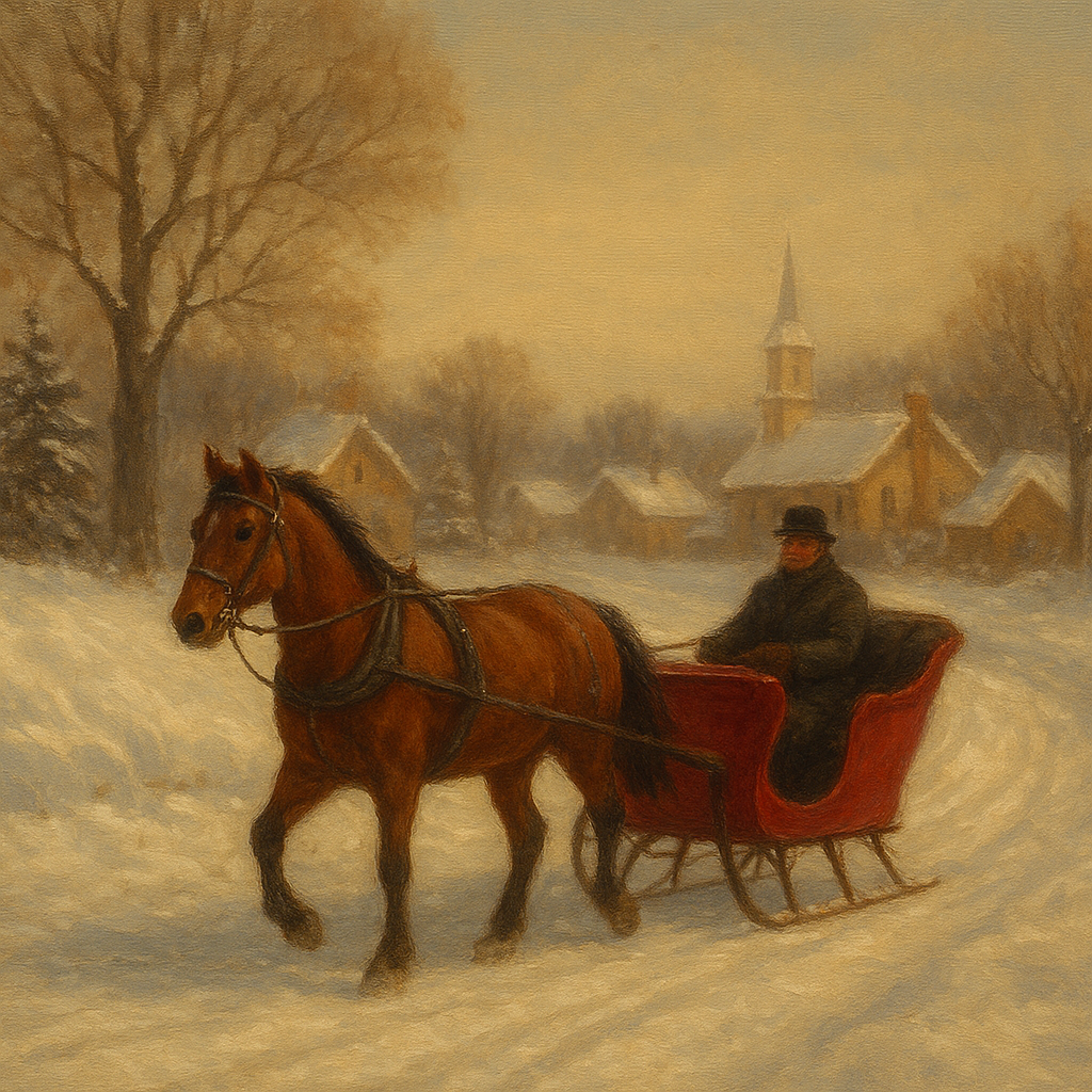 Horse-Drawn Sleigh on Village Snow Road No. 9 Oil Painting - View 1