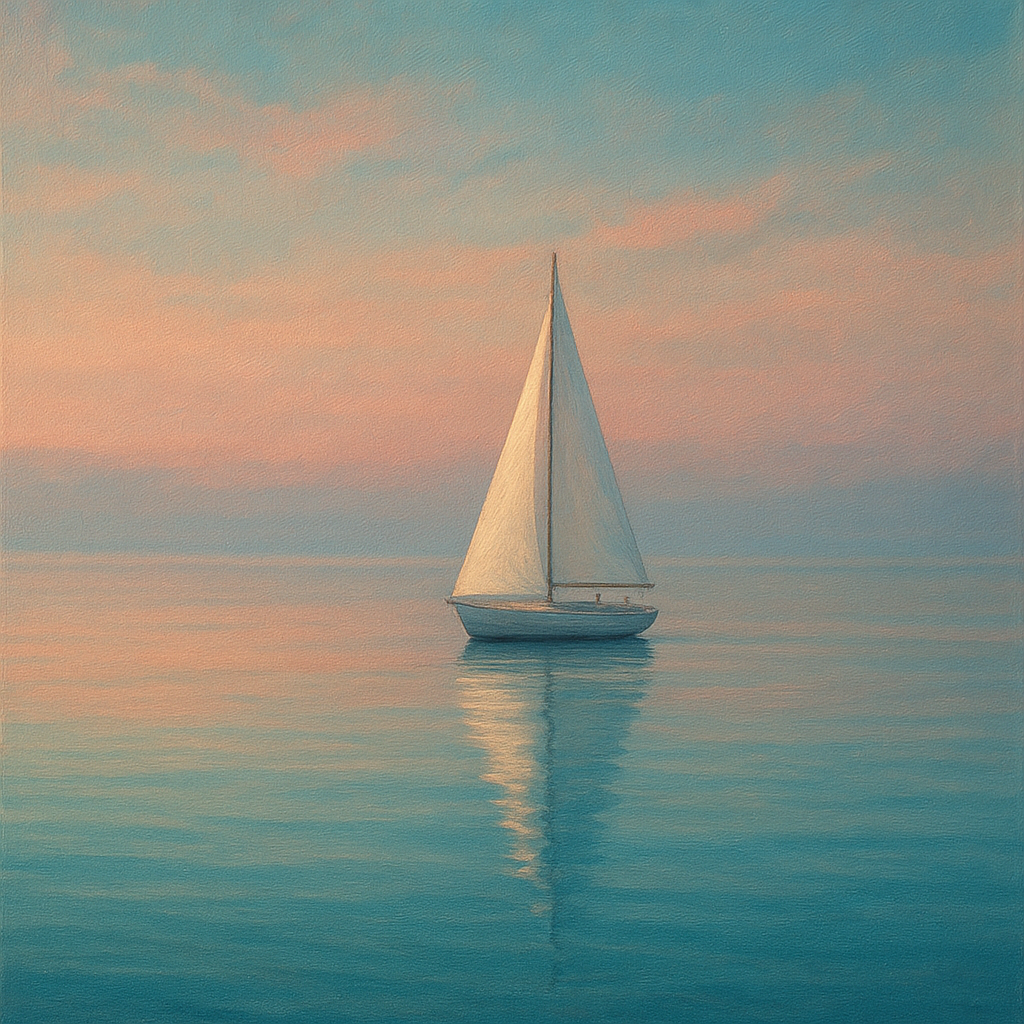 Solitary Sailboat on Vast Glass Horizon No. 5 Fine Art Oil Painting - View 1