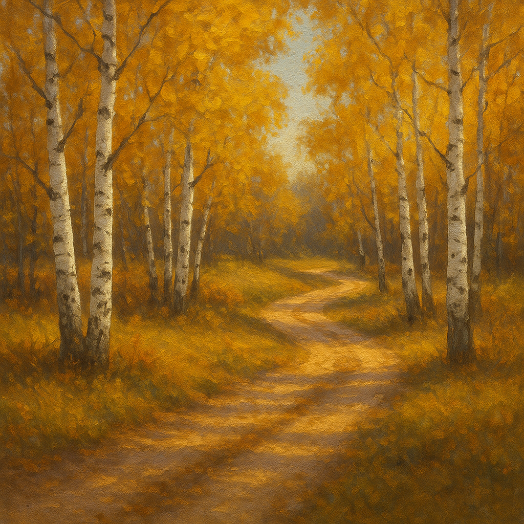 Winding Country Dirt Road through Birch Glade Fine Art Oil Painting - View 1