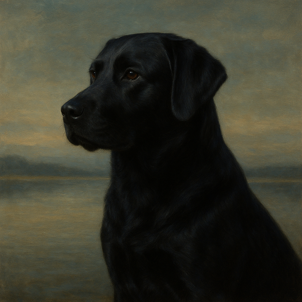 Black Labrador Retriever by Misty Lake Horizon No. 14 Fine Art Oil Painting - View 1