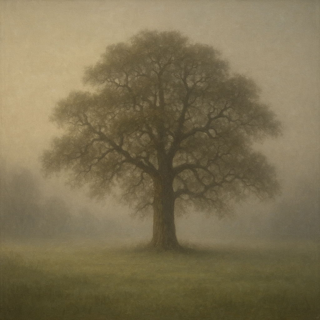 Ancient Solitary Oak in Morning Fog No. 3 Oil Painting - View 1