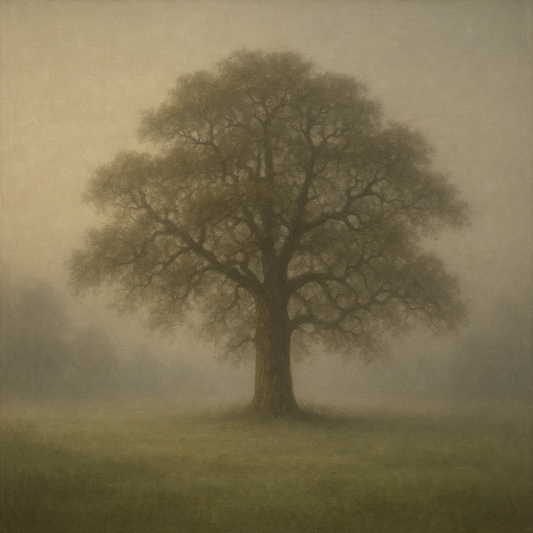 Ancient Solitary Oak in Morning Fog No. 3 Oil Painting 100% Hand Painted Oil on Belgian Linen Canvas, Original Fine Art Wall Decor