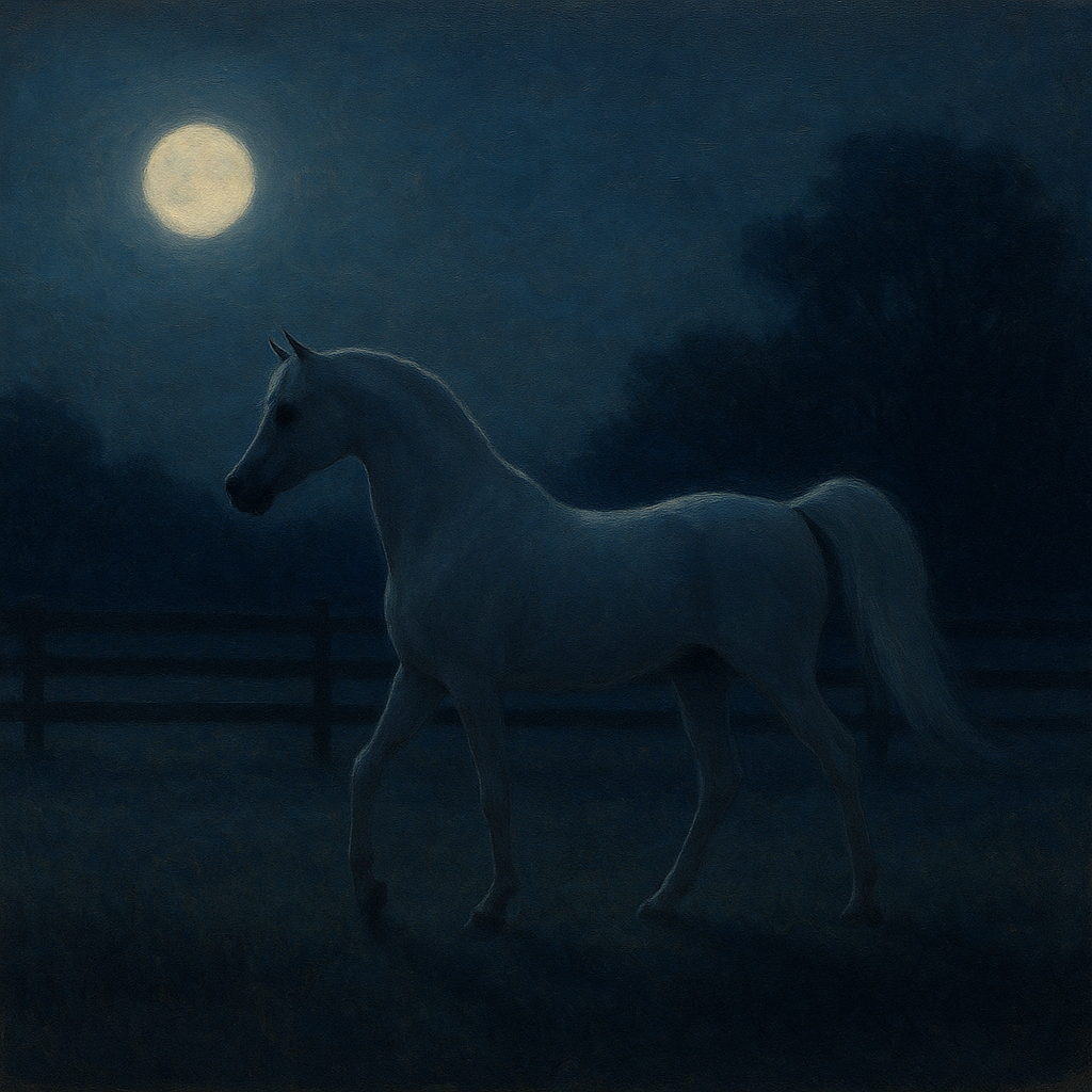 Moonlit Paddock with White Arabian Silhouette No. 3 Oil Painting 100% Hand Painted Oil on Belgian Linen Canvas, Original Fine Art Wall Decor