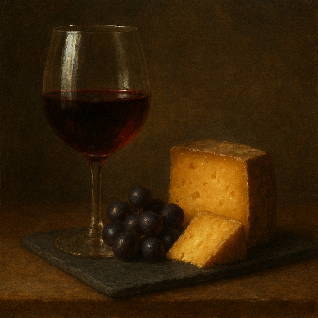 Burgundy Wine Glass & Aged Cheese Board No. 2 Oil Painting - View 1