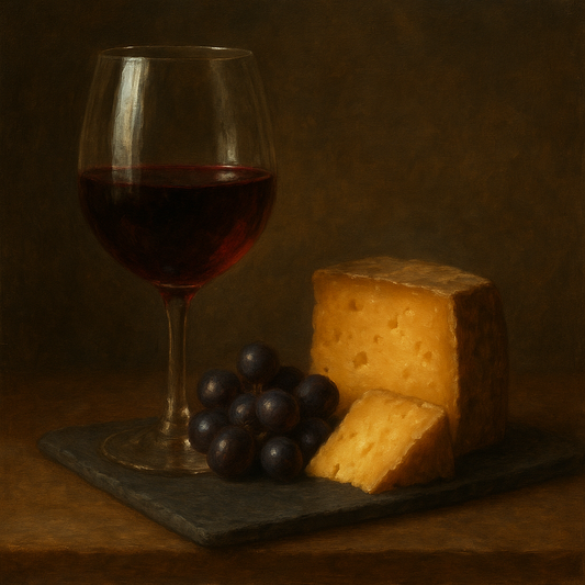 Burgundy Wine Glass & Aged Cheese Board No. 2 Oil Painting 100% Hand Painted Oil on Belgian Linen Canvas, Original Fine Art Wall Decor