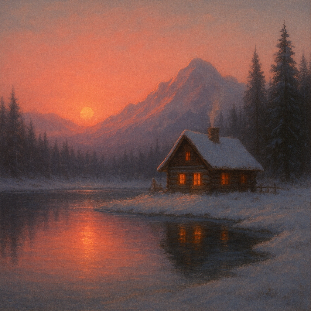 Winter Solstice Mountain Cabin Reflection No. 3 Oil Painting - View 1