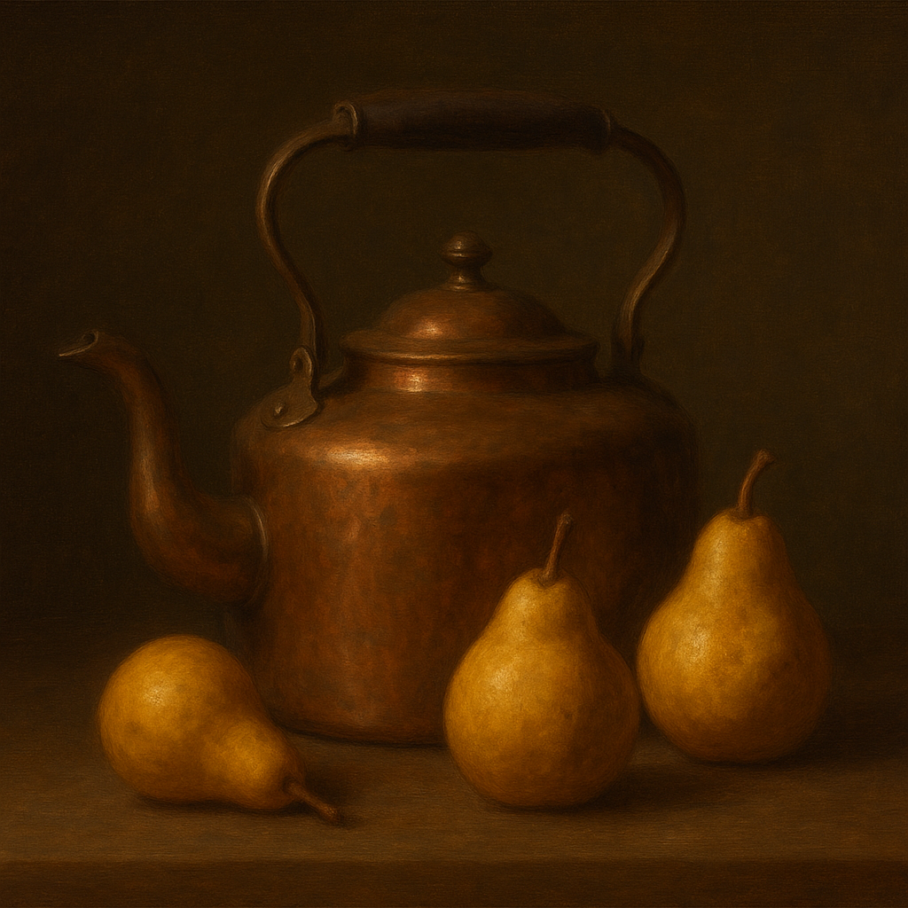 Antique Copper Kettle & Orchard Pears No. 3 Oil Painting 100% Hand Painted Oil on Belgian Linen Canvas, Original Fine Art Wall Decor