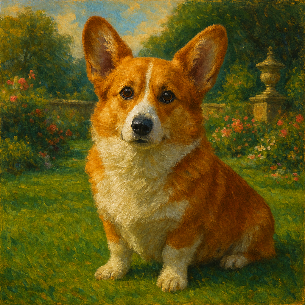 Pembroke Welsh Corgi in Royal English Garden No. 17 Fine Art Oil Painting - View 1