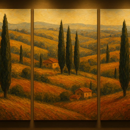 Tuscan Cypress Panorama Triptych Oil Painting - 100% Hand-Painted Master Oil Painting