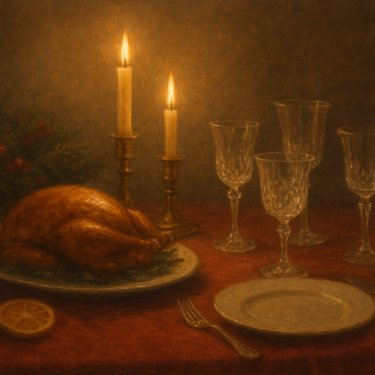 Candlelit Holiday Table & Vintage Glassware No. 4 Oil Painting 100% Hand Painted Oil on Belgian Linen Canvas, Original Fine Art Wall Decor