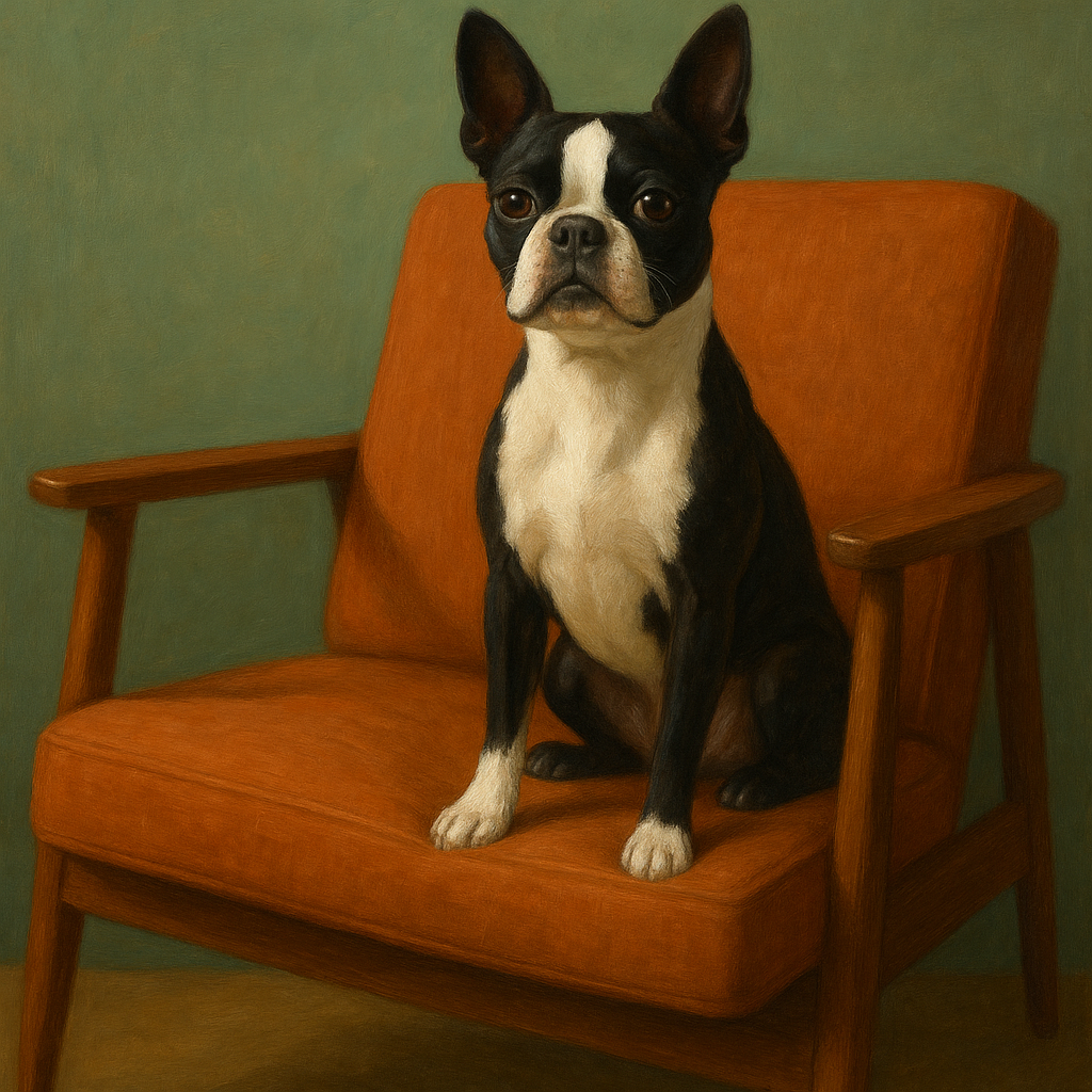 Boston Terrier in Warm Mid-Century Armchair No. 12 Fine Art Oil Painting - View 1