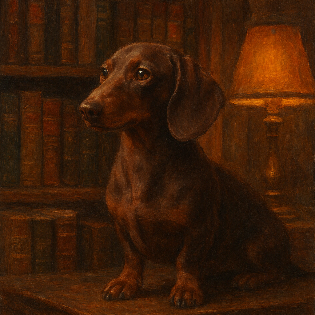 Smooth Dachshund in Moody Library Study No. 16 Fine Art Oil Painting - View 1
