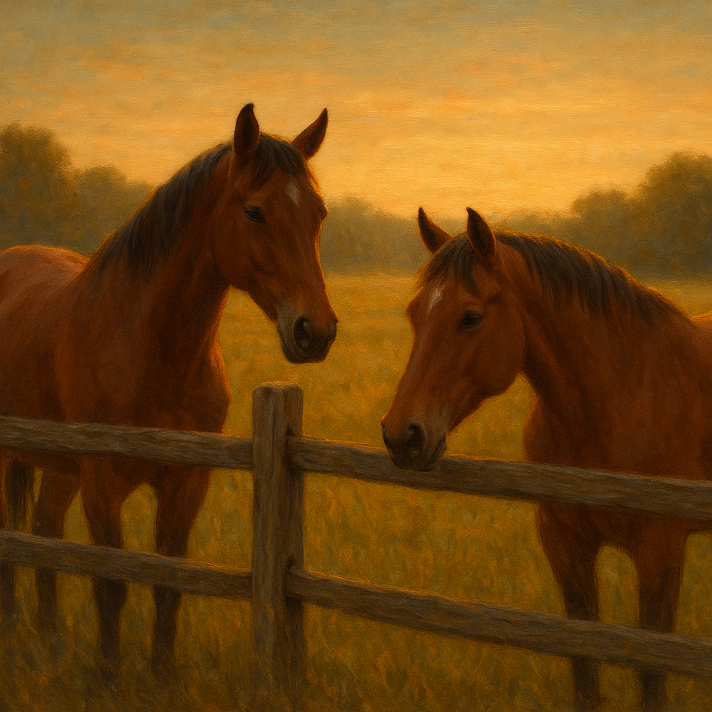 Two Horses at Rustic Post & Rail Fence No. 13 Oil Painting - View 1