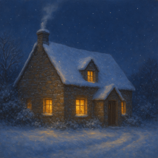 Snow-Dusted Stone Cottage at Twilight No. 6 Oil Painting 100% Hand Painted Oil on Belgian Linen Canvas, Original Fine Art Wall Decor
