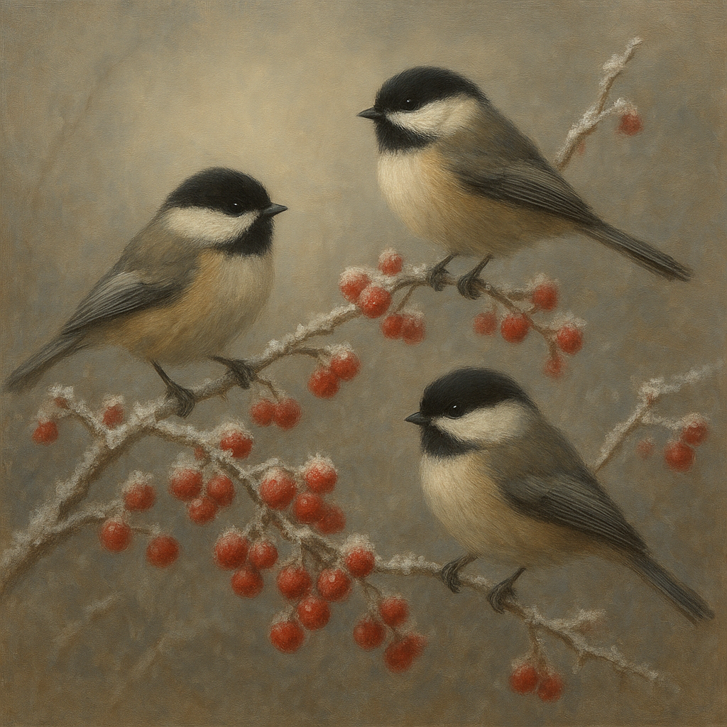 Winter Birds on Frosty Red Berry Branch No. 3 Oil Painting - View 1