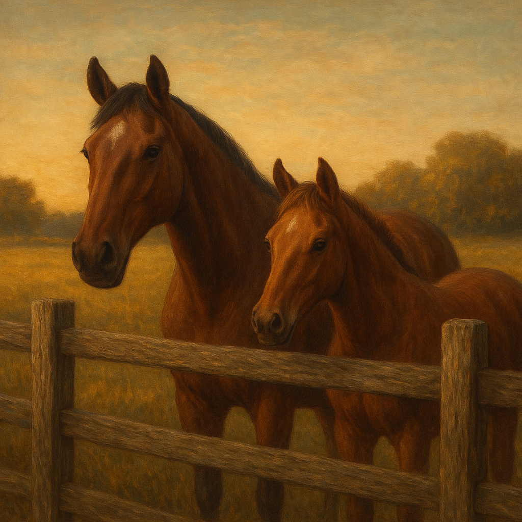 Two Horses at Rustic Post & Rail Fence No. 9 Oil Painting - View 1