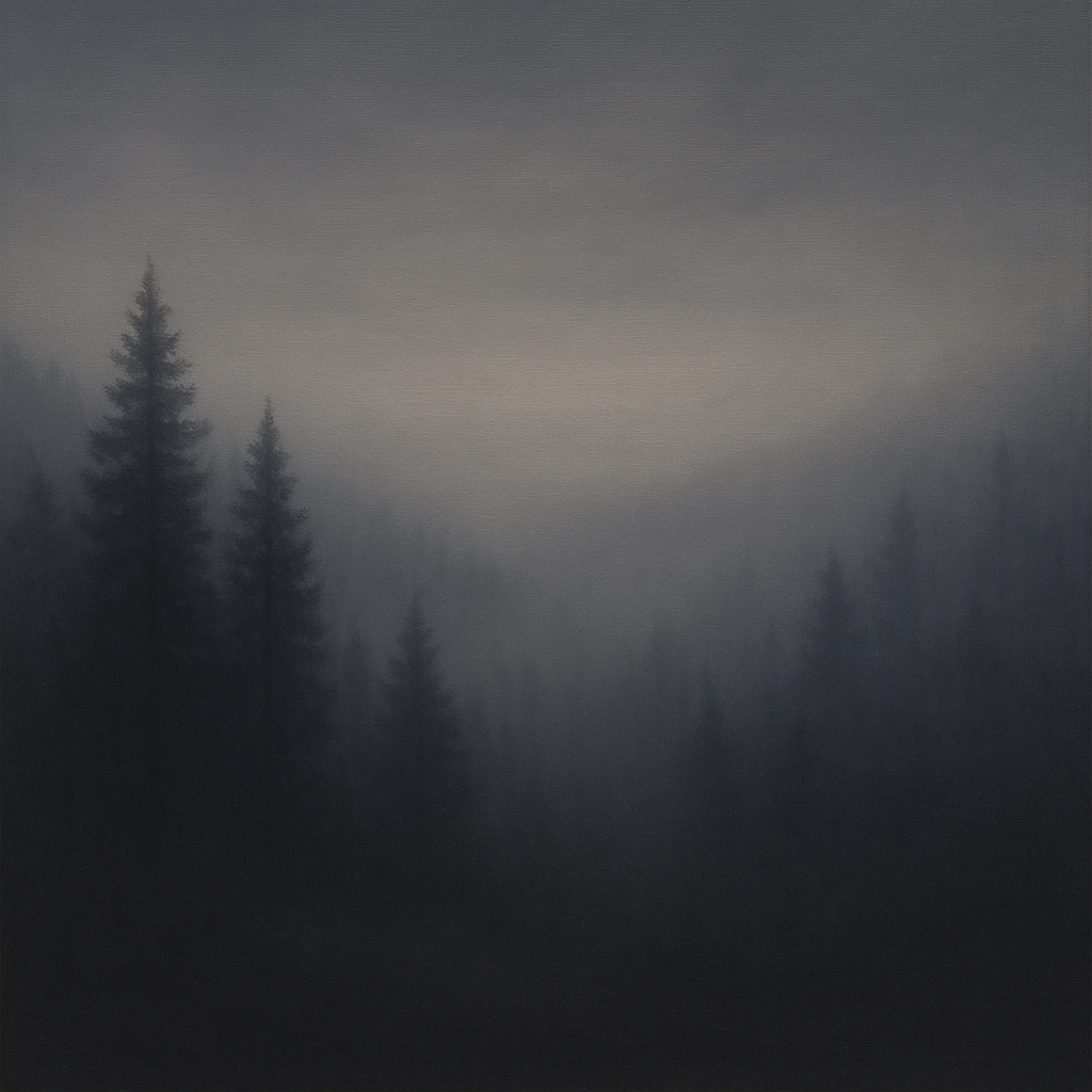 Dusk over Silent Pine Ridgeline in Charcoal Fog No. 15 Oil Painting - View 1