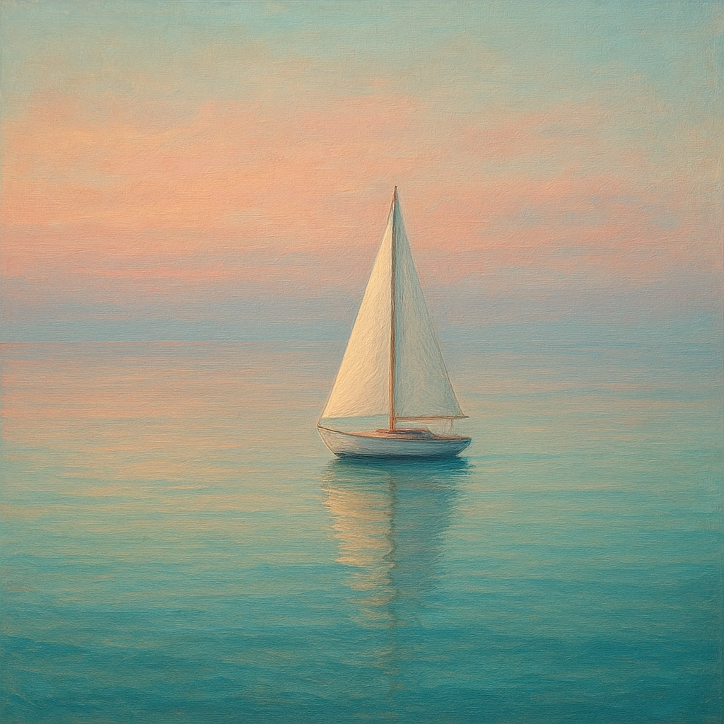 Solitary Sailboat on Vast Glass Horizon No. 10 Fine Art Oil Painting - View 1