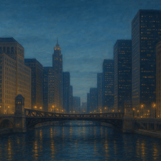 Chicago Riverfront Architecture at Blue Hour No. 24 Oil Painting - View 1