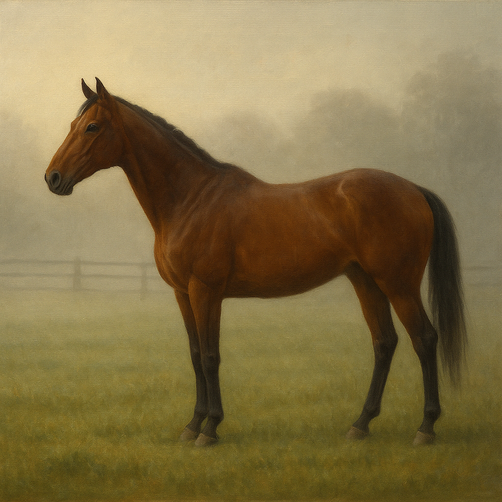 Thoroughbred in Morning Pasture Mist No. 10 Oil Painting - View 1