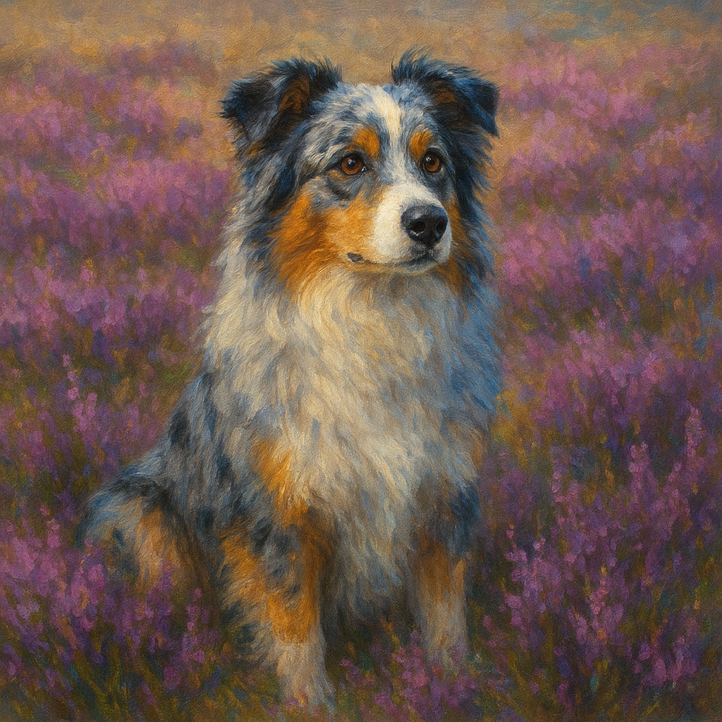 Australian Shepherd in Blooming Heather Field No. 3 Fine Art Oil Painting - View 1