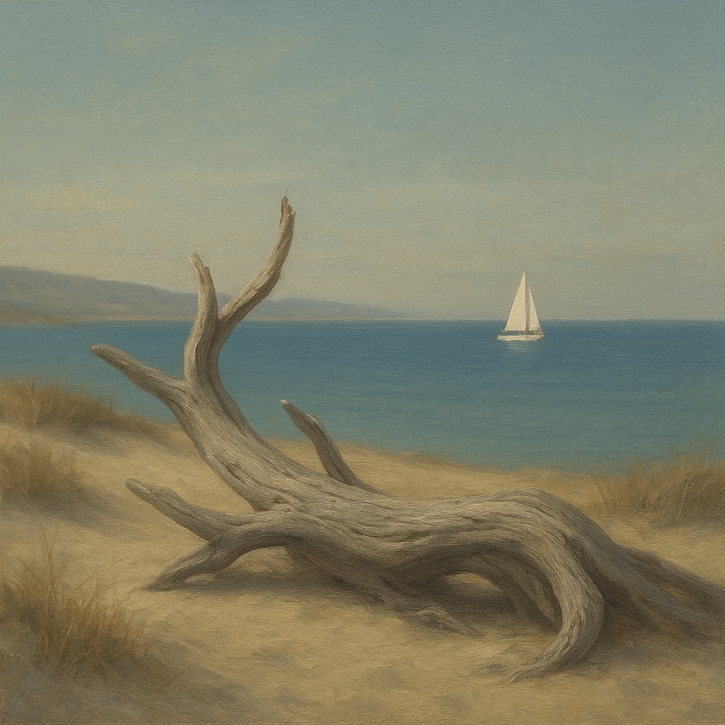 Sun-Bleached Driftwood & Distant Sailboat No. 16 Oil Painting - View 1