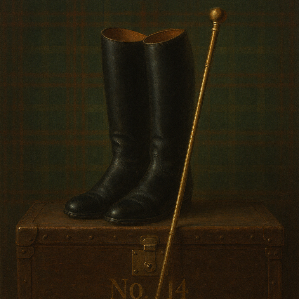 Vintage Riding Boots & Brass Crop on Trunk No. 14 Oil Painting - View 1