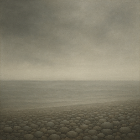 Overcast Coastal Fog & Wet Pebble Shingle No. 7 Oil Painting 100% Hand Painted Oil on Belgian Linen Canvas, Original Fine Art Wall Decor