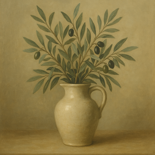 Wild Olive Sprigs in Stoneware Pitcher No. 8 Oil Painting 100% Hand Painted Oil on Belgian Linen Canvas, Original Fine Art Wall Decor