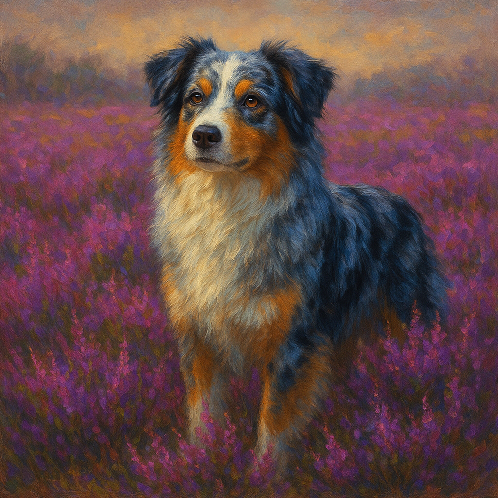 Australian Shepherd in Blooming Heather Field Fine Art Oil Painting - View 1