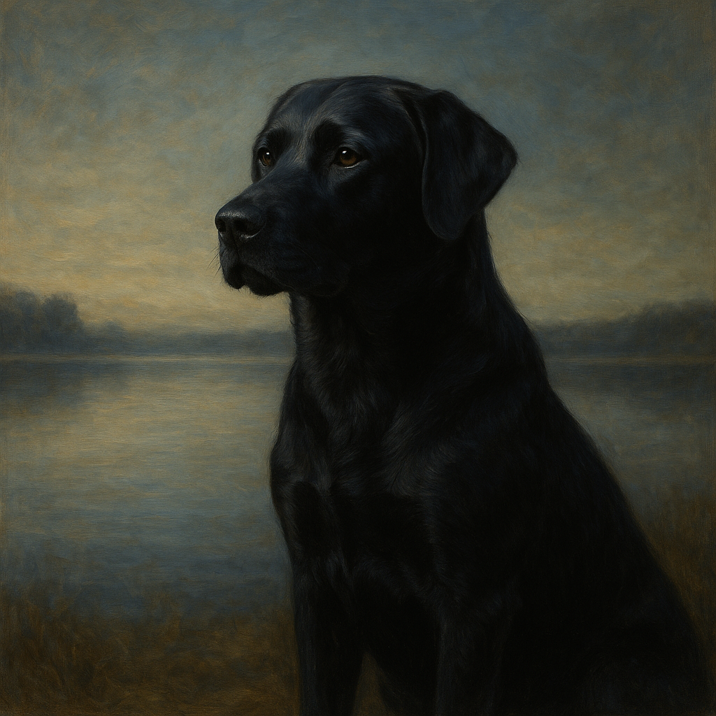 Black Labrador Retriever by Misty Lake Horizon No. 10 Fine Art Oil Painting - View 1