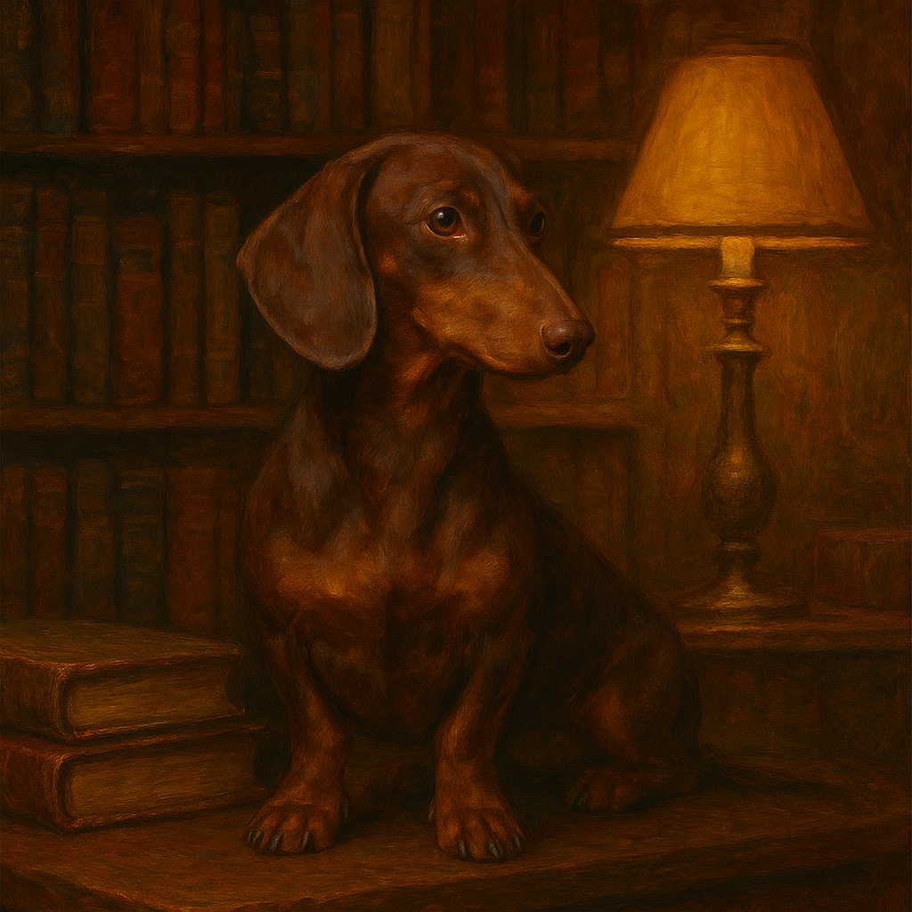 Smooth Dachshund in Moody Library Study No. 8 Fine Art Oil Painting - View 1