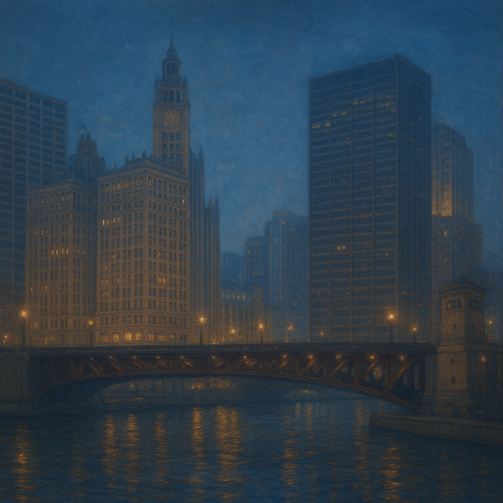 Chicago Riverfront Architecture at Blue Hour No. 18 Oil Painting - View 1