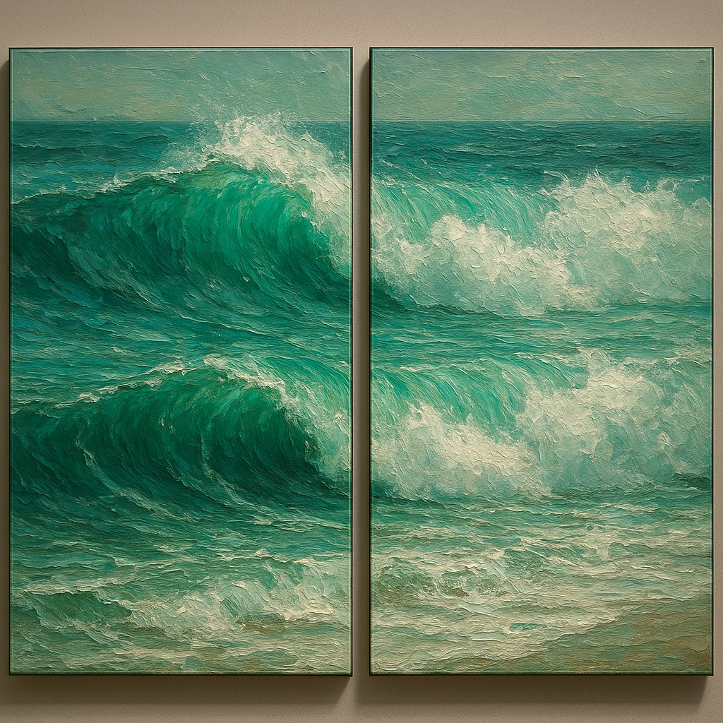 Emerald Swell Split-Panel Seascape Oil Painting - 100% Hand-Painted Master Oil Painting