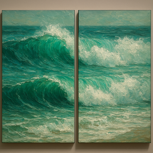 Emerald Swell Split-Panel Seascape Oil Painting - 100% Hand-Painted Master Oil Painting