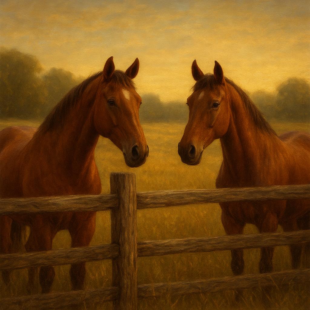Two Horses at Rustic Post & Rail Fence No. 4 Oil Painting 100% Hand Painted Oil on Belgian Linen Canvas, Original Fine Art Wall Decor