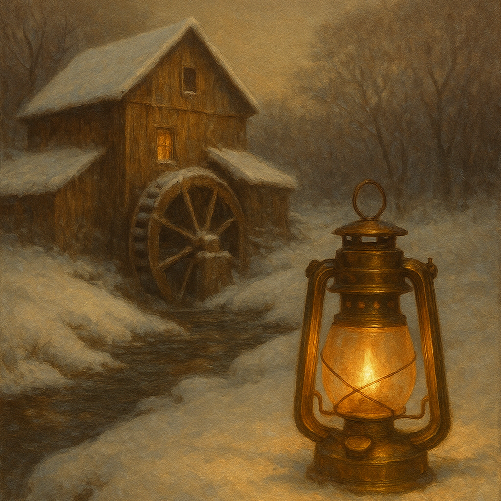 Snowy Mill Stream & Glowing Lantern No. 5 Oil Painting - View 1