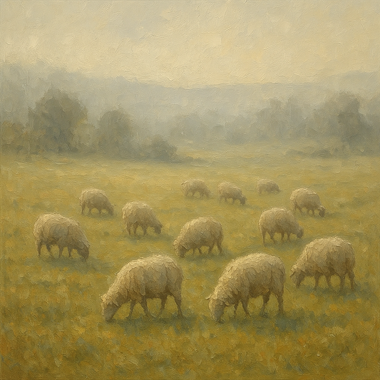 Pastoral Grazing Flock at Morning Mist No. 5 Oil Painting - 100% Hand-Painted Master Oil Painting