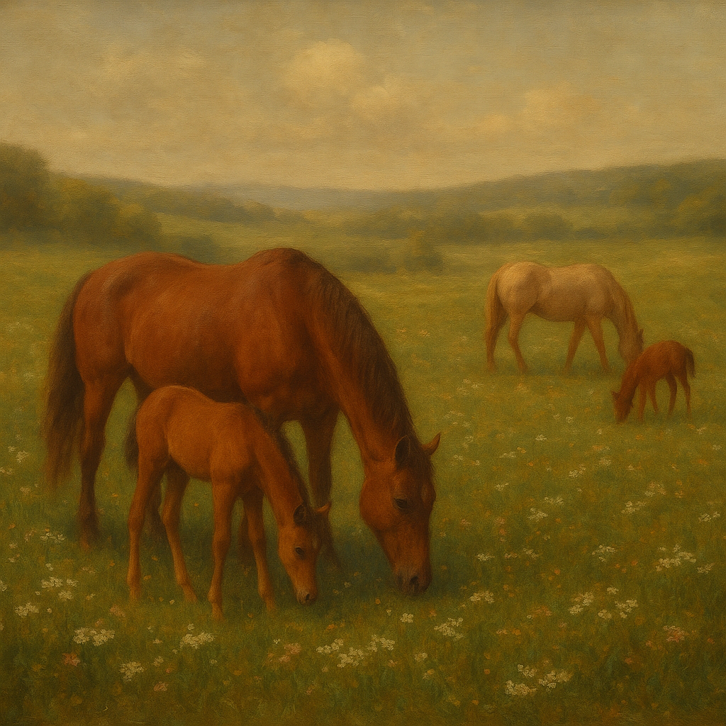 Mares & Foals Grazing in Rolling Meadow No. 4 Oil Painting 100% Hand Painted Oil on Belgian Linen Canvas, Original Fine Art Wall Decor