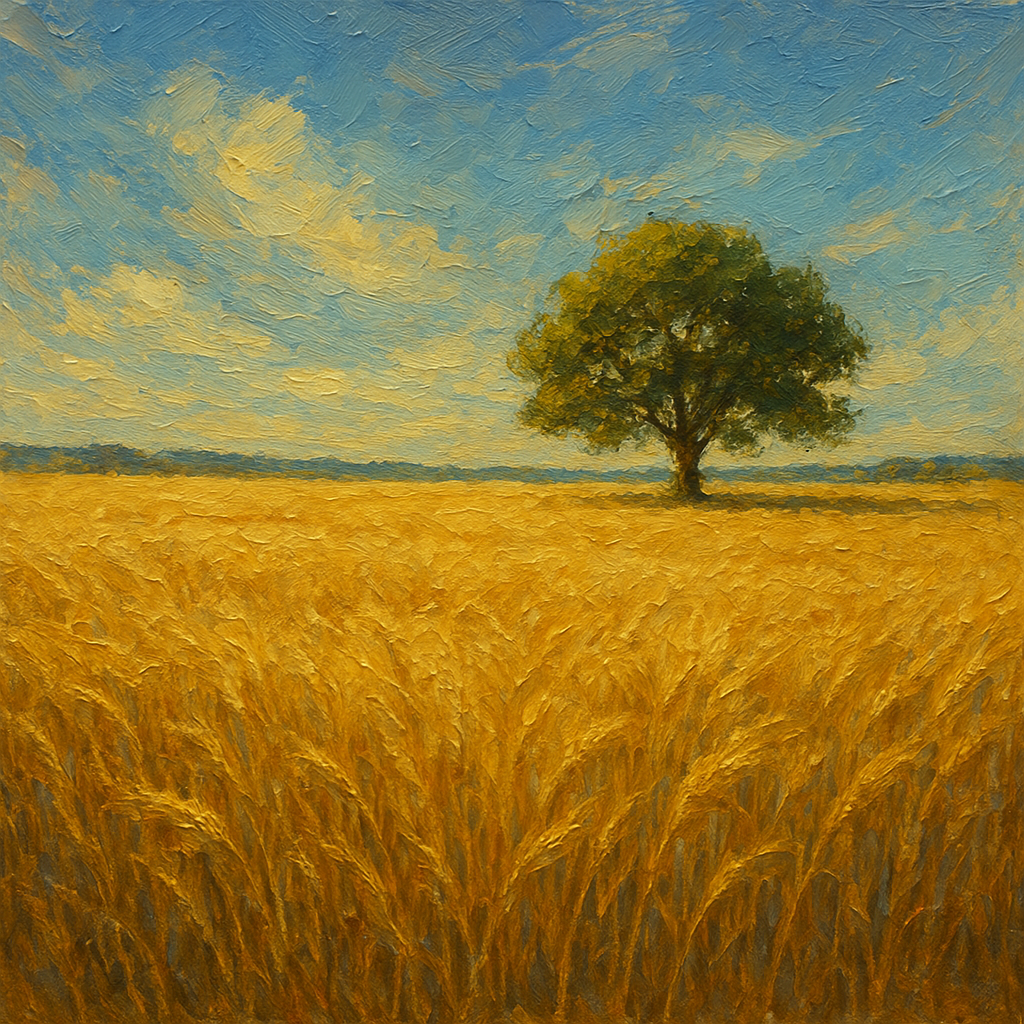 Sun-Drenched Wheat Field & Solitary Tree Oil Painting - 100% Hand-Painted Master Oil Painting