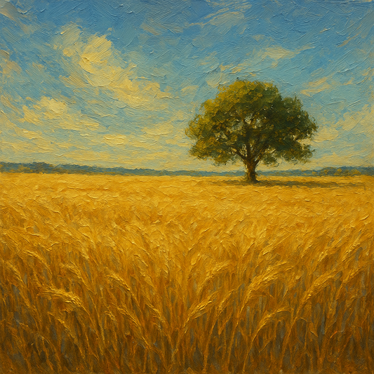 Sun-Drenched Wheat Field & Solitary Tree Oil Painting - 100% Hand-Painted Master Oil Painting