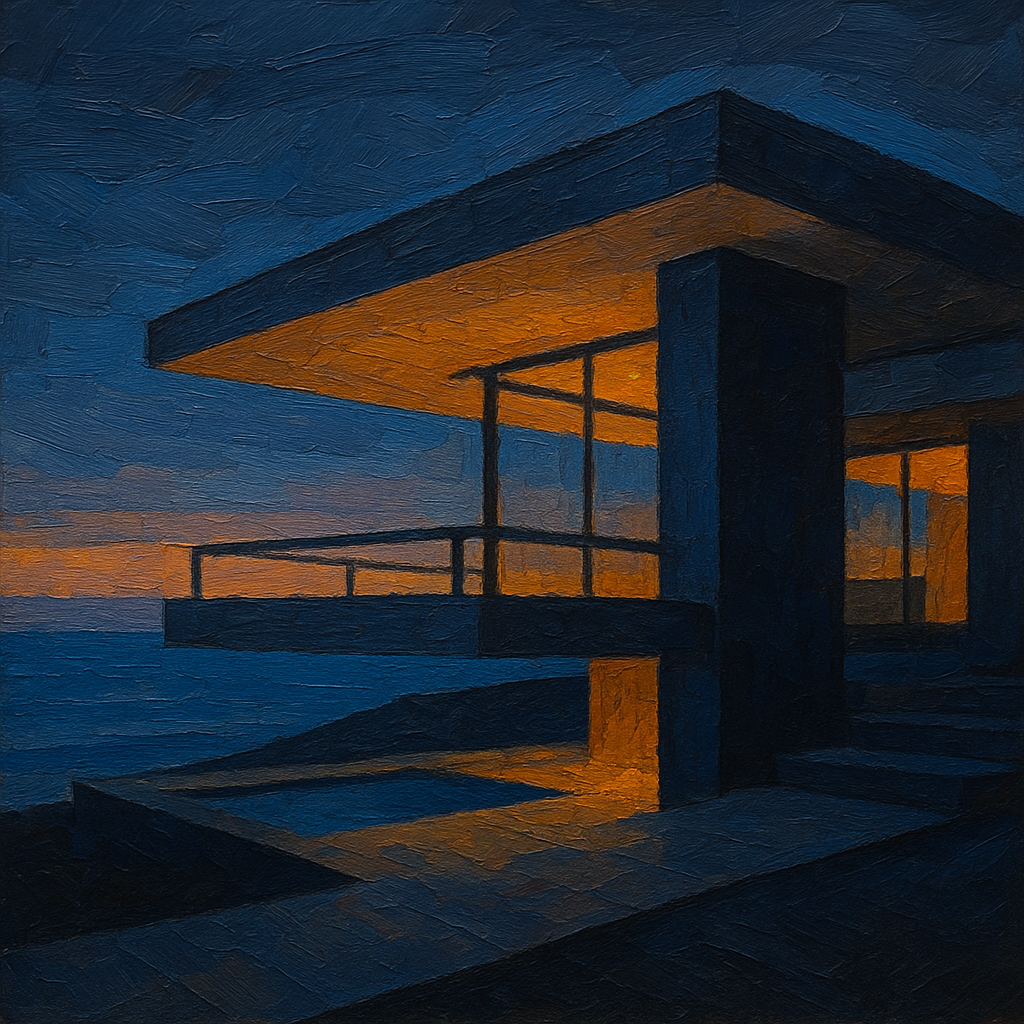 Cantilever Terrace at Twilight Geometric Oil Painting - View 1