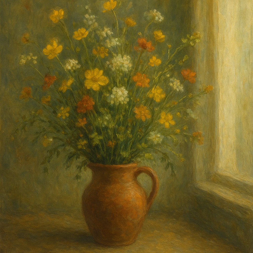Vintage Meadow Wildflowers in Earthenware Jar No. 11 Fine Art Oil Painting - View 1
