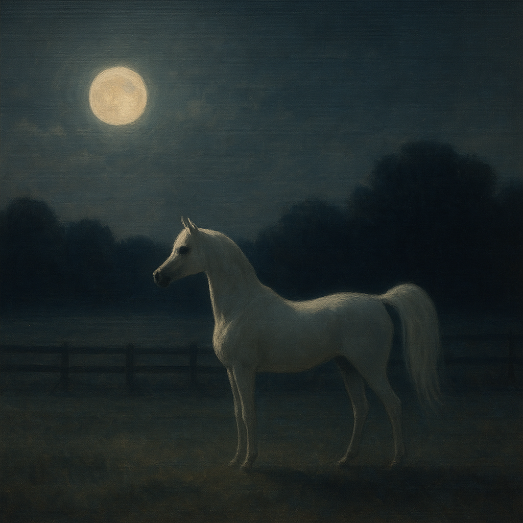 Moonlit Paddock with White Arabian Silhouette No. 19 Oil Painting - View 1