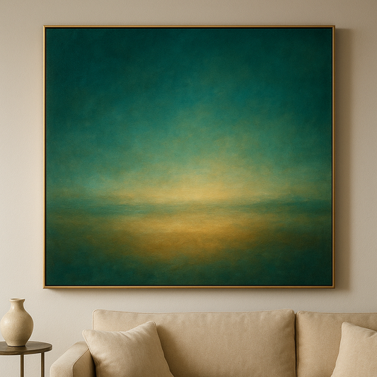 Peacock Teal & Champagne Gold Horizon No. 19 Oil Painting 100% Hand Painted Oil on Belgian Linen Canvas, Original Fine Art Wall Decor