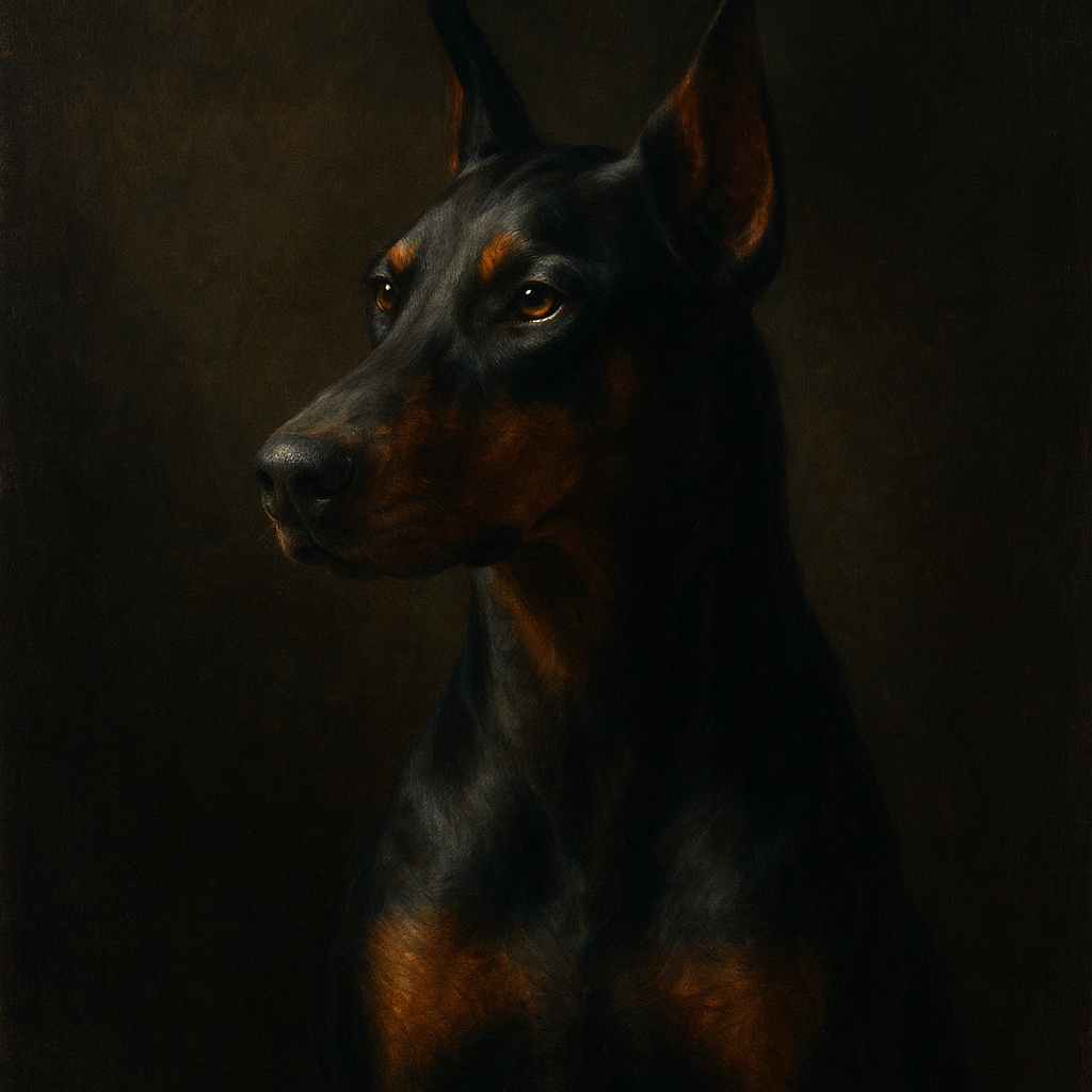 Alert Doberman Pinscher in Shadow & Light No. 16 Fine Art Oil Painting - View 1