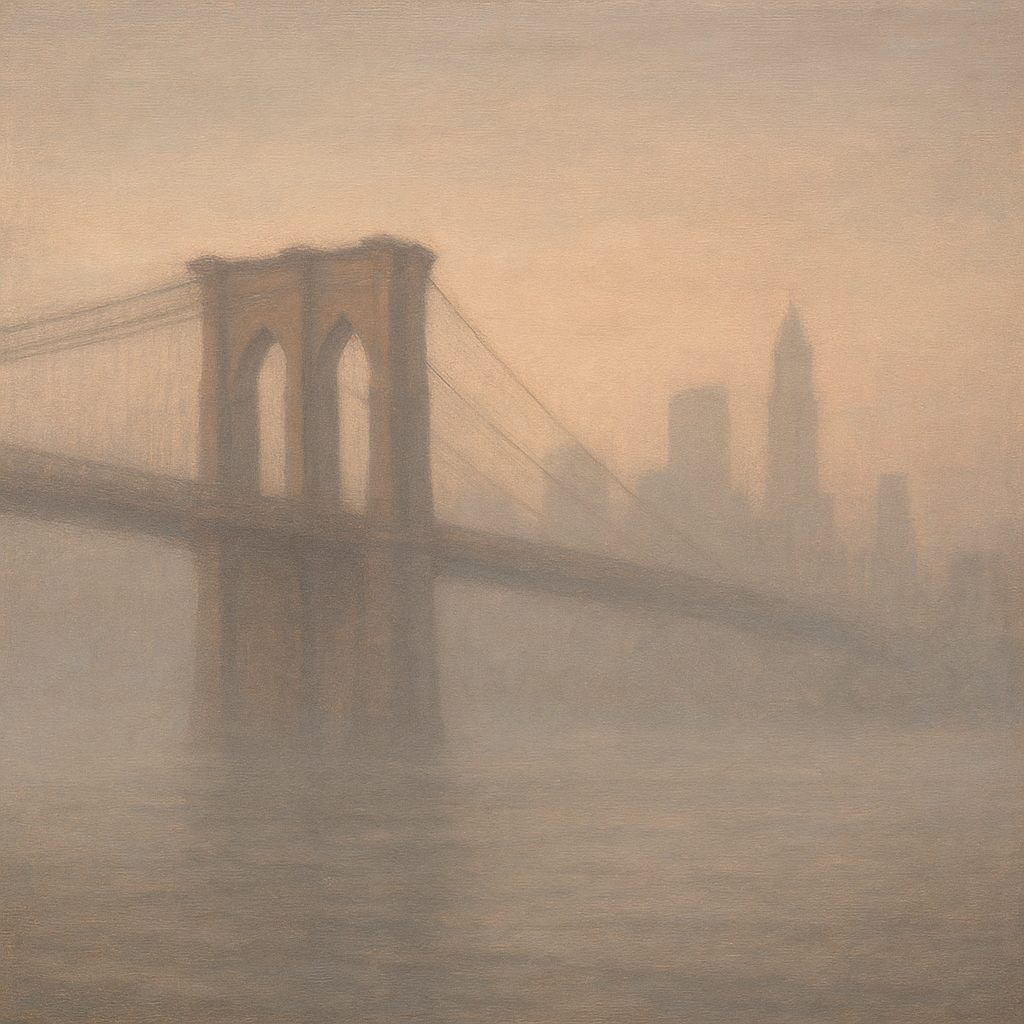 Brooklyn Bridge in Morning River Mist No. 11 Oil Painting - View 1