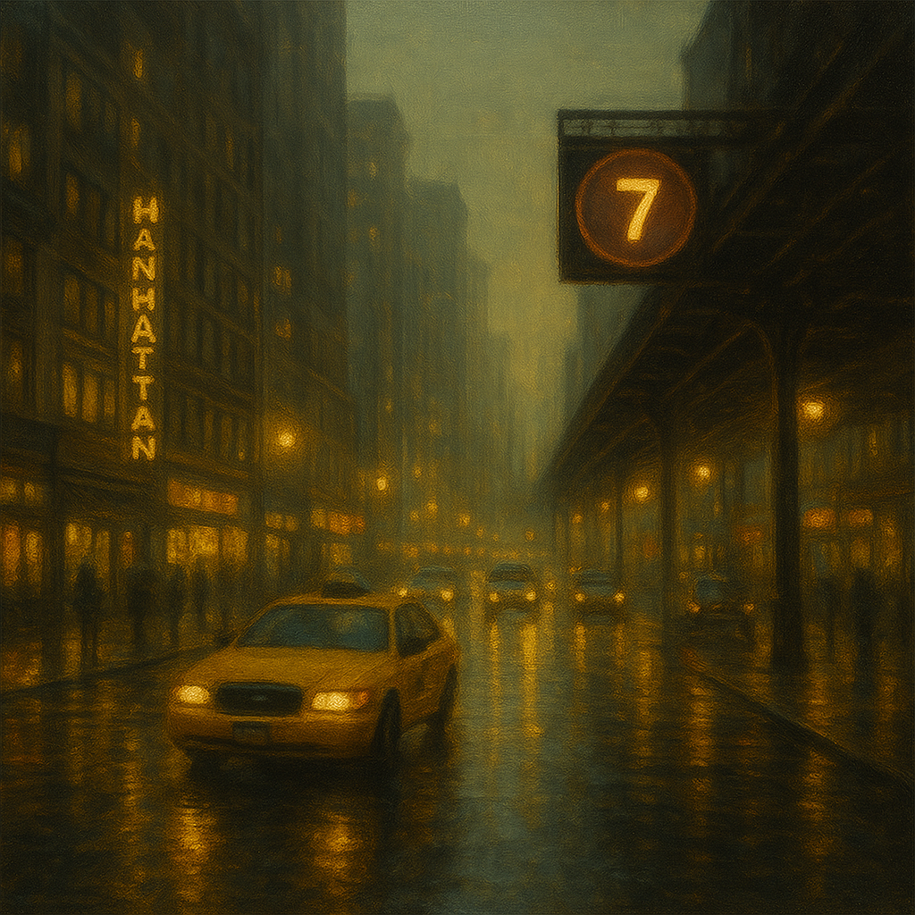 Rain-Drenched Manhattan Avenue Lights No. 7 Oil Painting - View 1