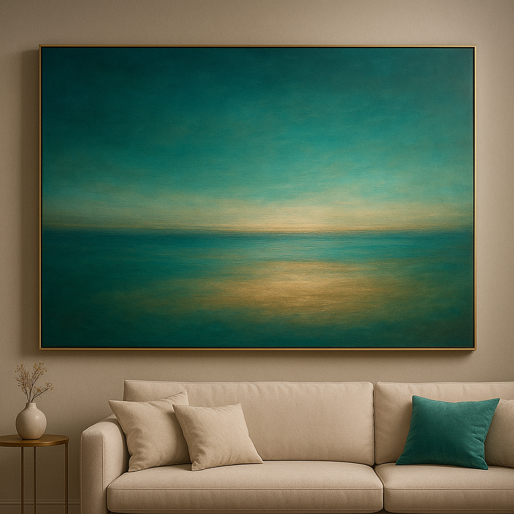 Peacock Teal & Champagne Gold Horizon No. 17 Oil Painting 100% Hand Painted Oil on Belgian Linen Canvas, Original Fine Art Wall Decor